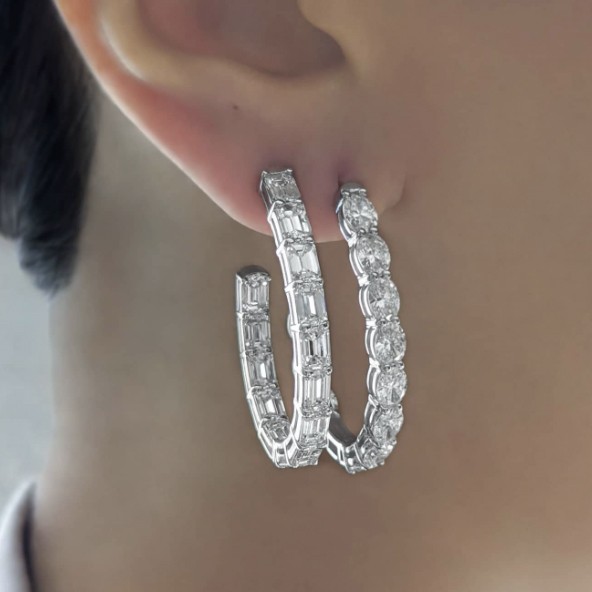 18K Emerald Cut Diamond Oval Hoop Earrings
